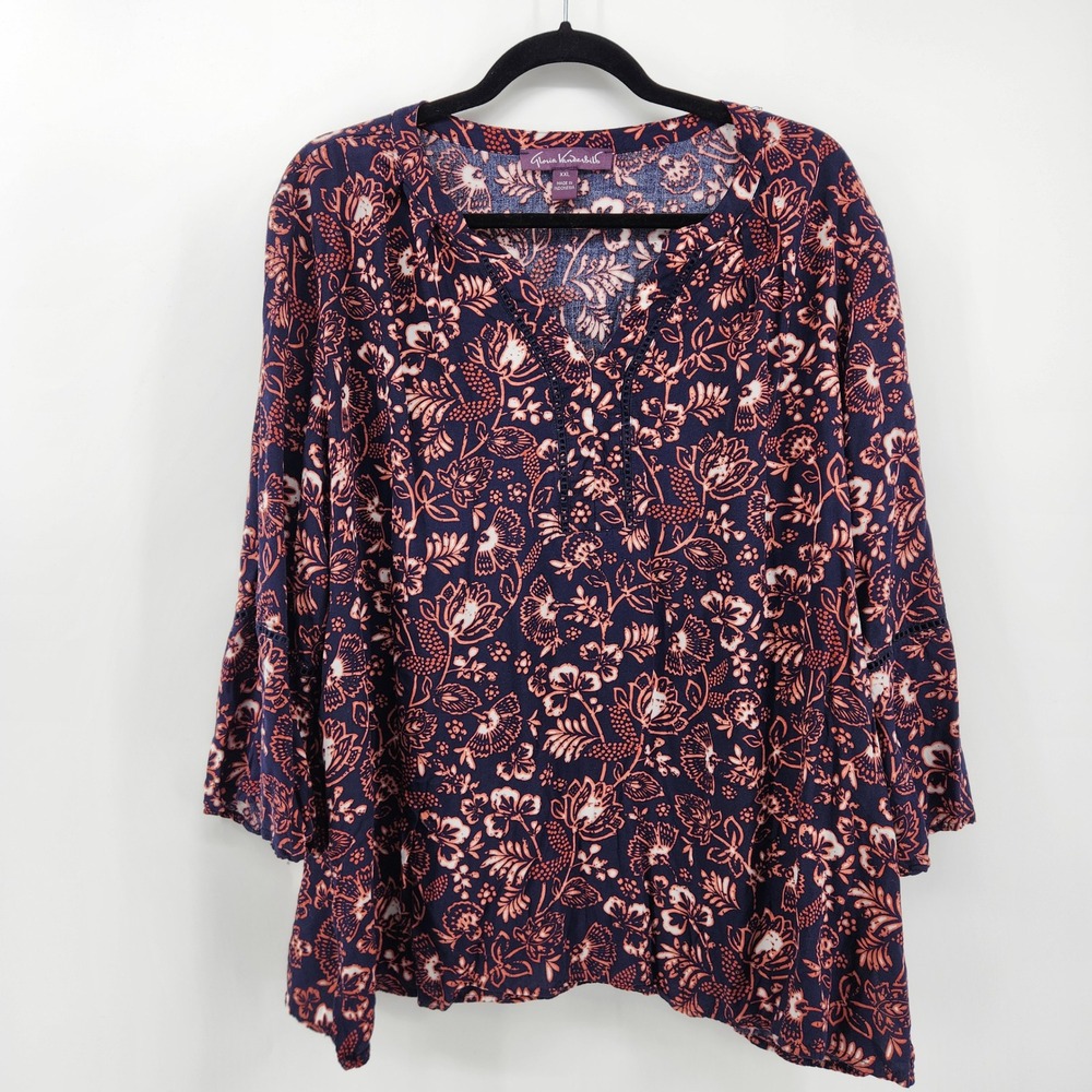 Gloria Vanderbilt XXL Floral Print Blouse Navy Blue Orange 3/4‎ Sleeve